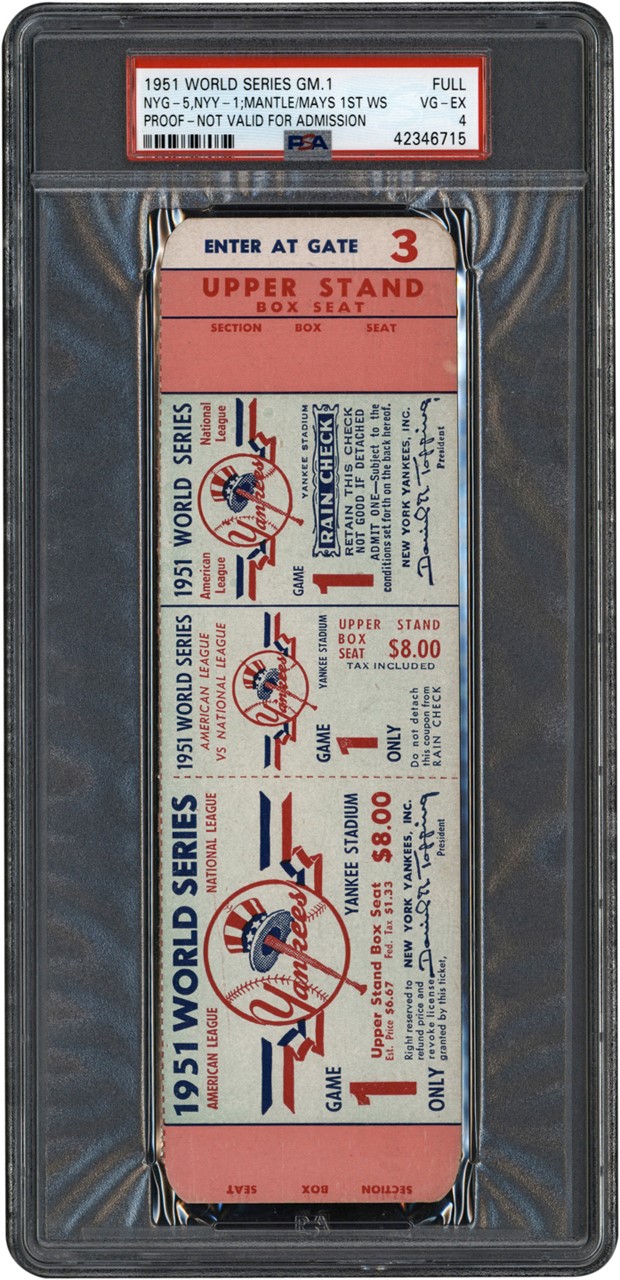 - 1951 Mickey Mantle & Willie Mays World Series Debut Full Ticket Proof PSA VG-EX 4  (Pop 1 - One Higher)