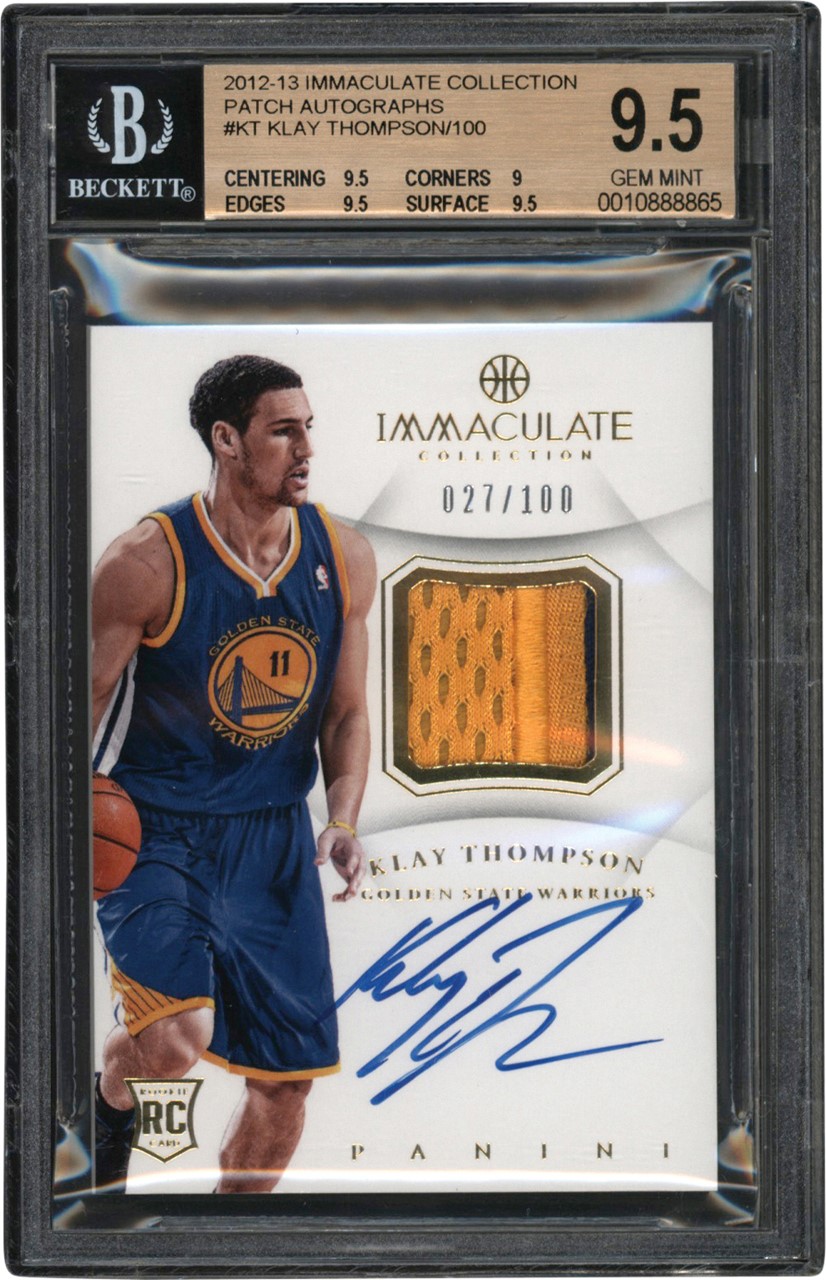 - 2012-13 Immaculate Collection Patch Autographs #KT Klay Thompson RPA Rookie Patch Autograph 27/100 BGS GEM MINT 9.5 - Auto 10