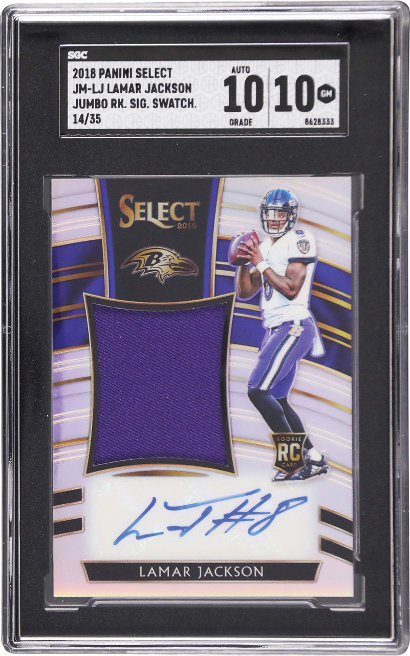 - 018 Panini Select Jumbo Rookie Signature Swatch #JM-LJ Lamar Jackson Autograph 14/35 SGC GEM MINT 10 - Auto 10