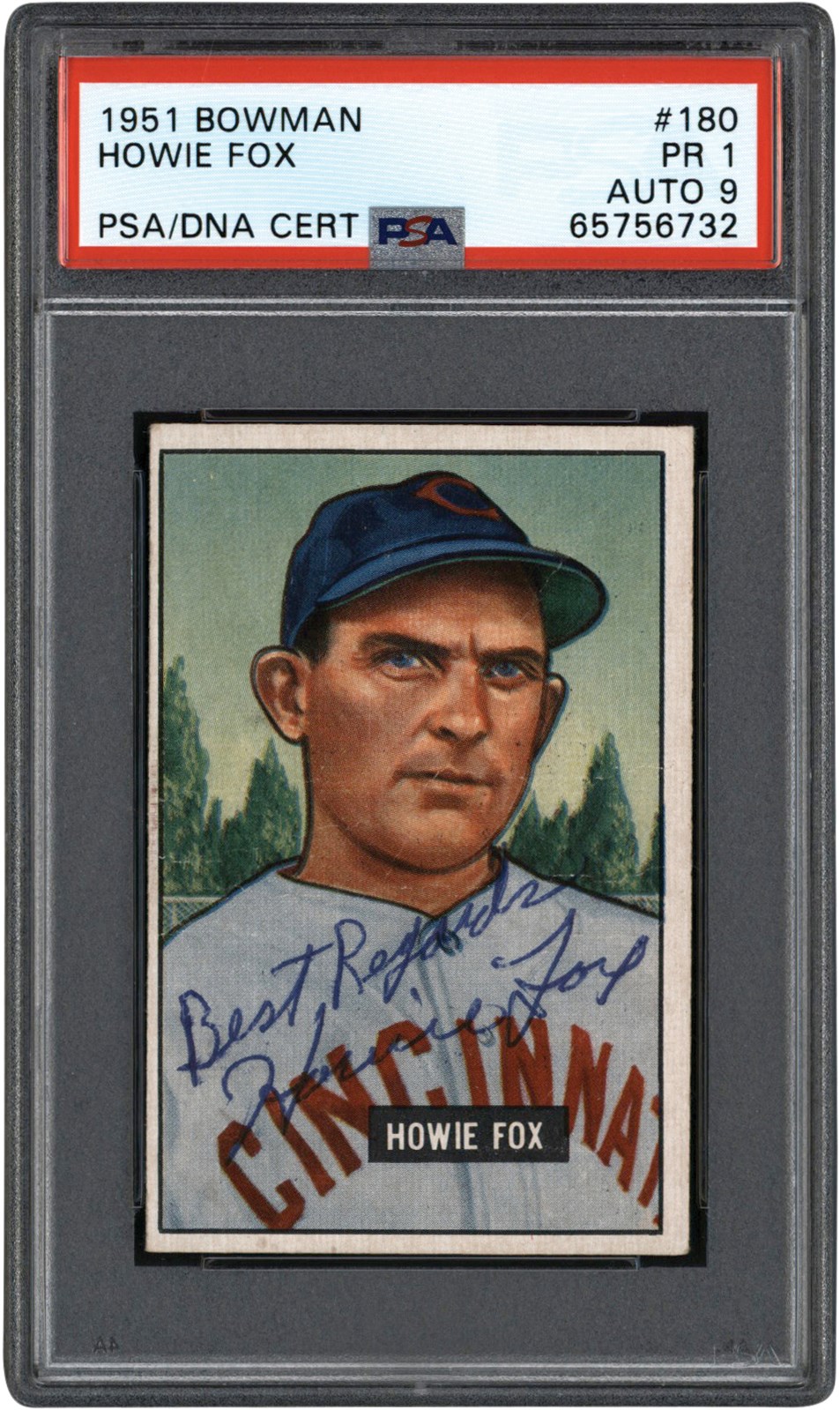 - 1951 Bowman Baseball #180 Howie Fox Autograph Card PSA PR 1 Auto 9