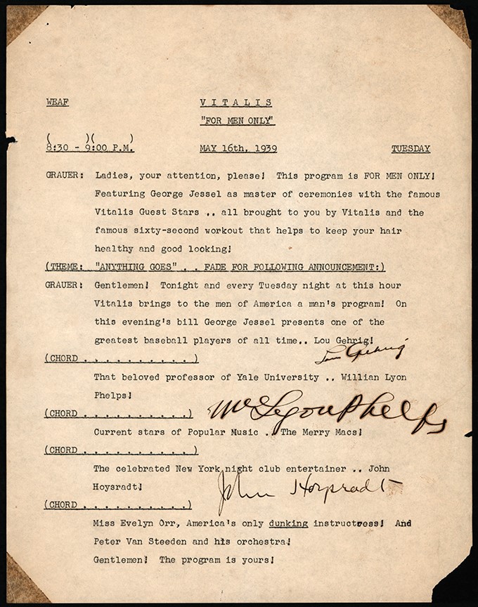 - 1939 Lou Gehrig Signed Radio Appearance Set List - Signed Two Weeks After His Final Game! (PSA & JSA)