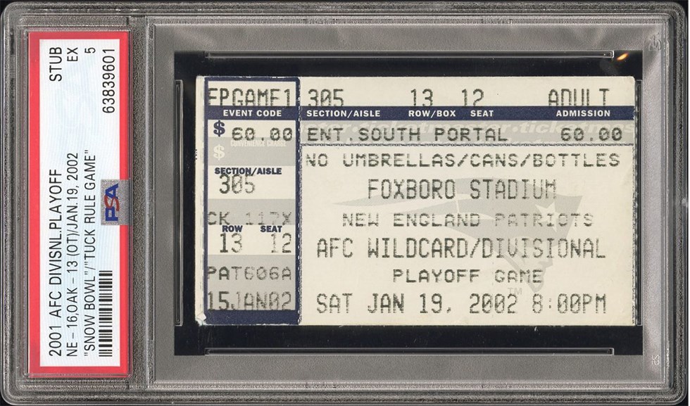 Late Additions - 2001 Tom Brady New England Patriots "Tuck Rule Game" Ticket Stub PSA EX 5 (Pop 1 of 1 Highest Graded!)