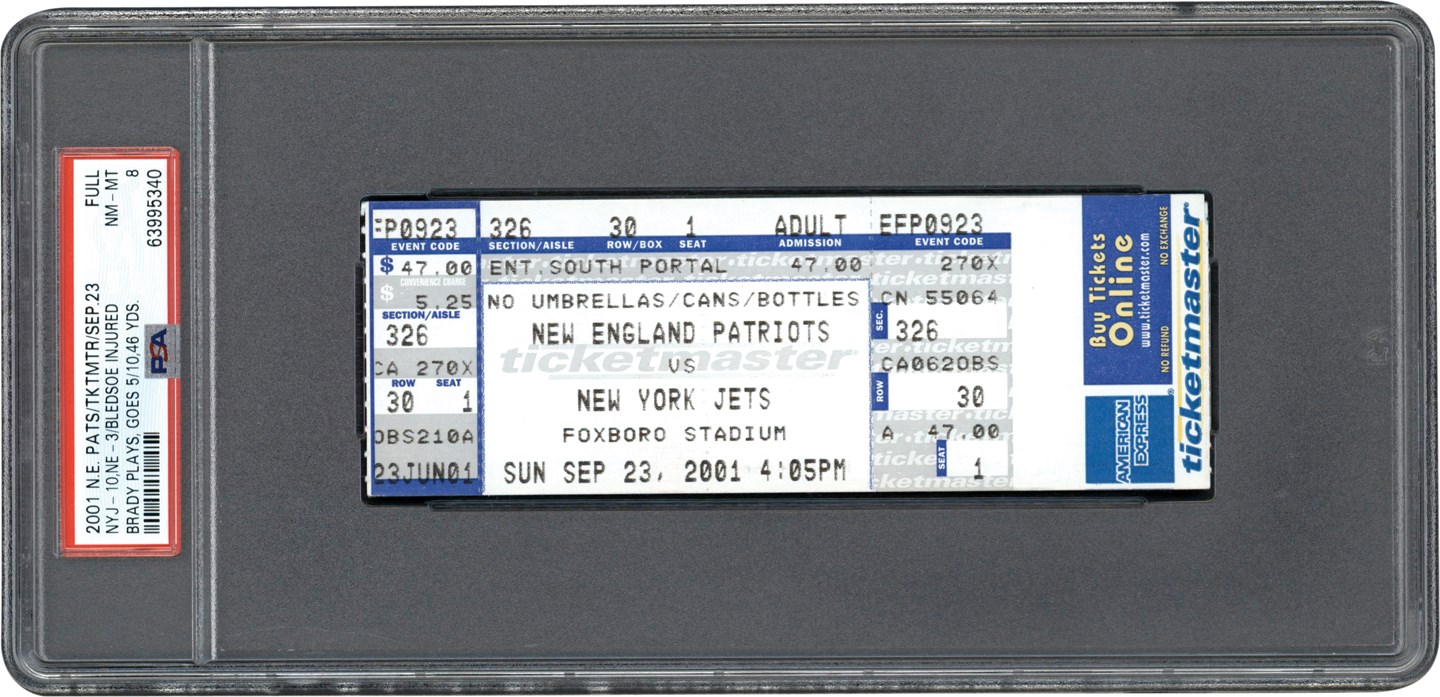 Late Additions - 9/23/01 Tom Brady Replaces Drew Bledsoe Full Ticket PSA NM-MT 8 (Pop 2 - One Higher)