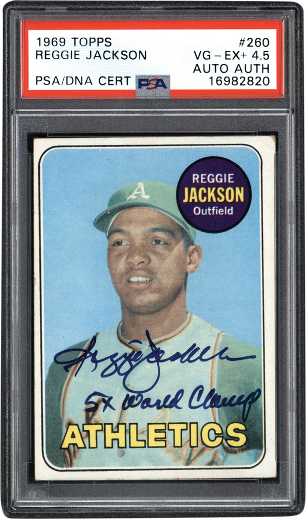 - 1969 Topps #260 Reggie Jackson Signed Inscribed "5x World Champ" Rookie PSA VG-EX+ 4.5