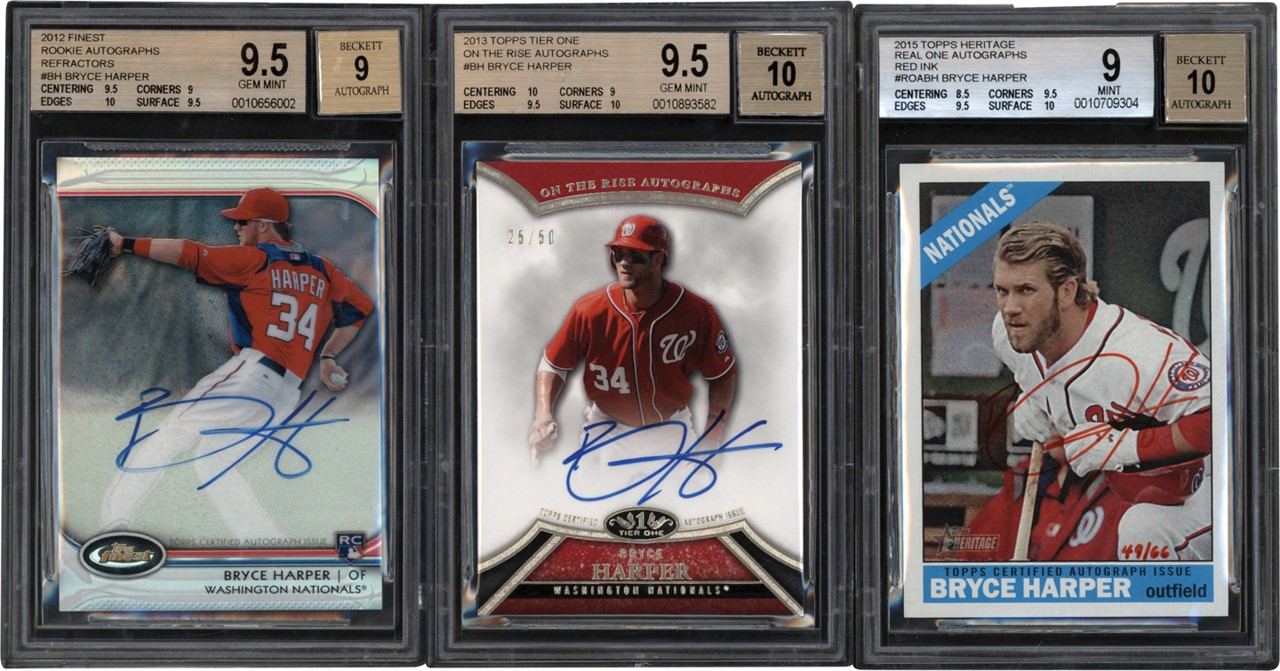 Modern Sports Cards - 2012-2015 Finest, Topps Heritage, & Tier One Bryce Harper BGS 9 & 9.5 Autograph Trio