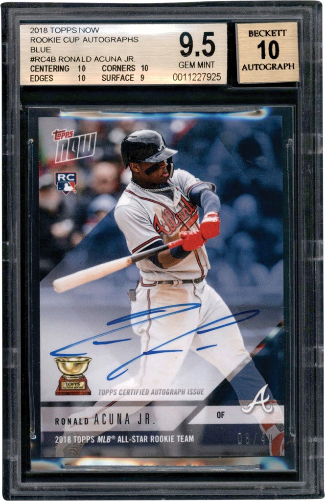 2018 Topps Now Rookie Cup Autographs Blue #RC4B Ronald Acuna Jr. Autograph #08/49 BGS GEM MINT 9.5 - Auto 10 (.5 Away from Pristine)