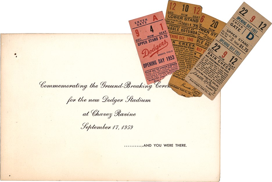 - 1946-1953 Brooklyn Dodgers Opening Day Ticket-Stub Collection (4) plus 1959 Dodger Stadium Groundbreaking Program