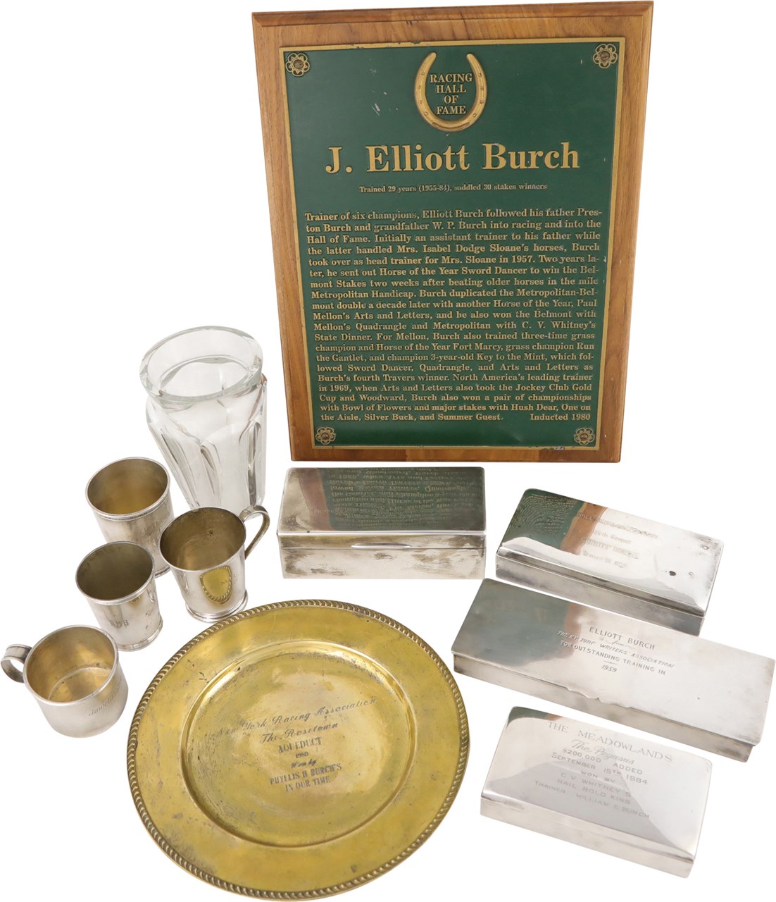 Hall of Fame Trainer J. Elliott Burch Collection w/Sterling Silver, Baccarat Crystal & Hall of Fame Plaque (11)