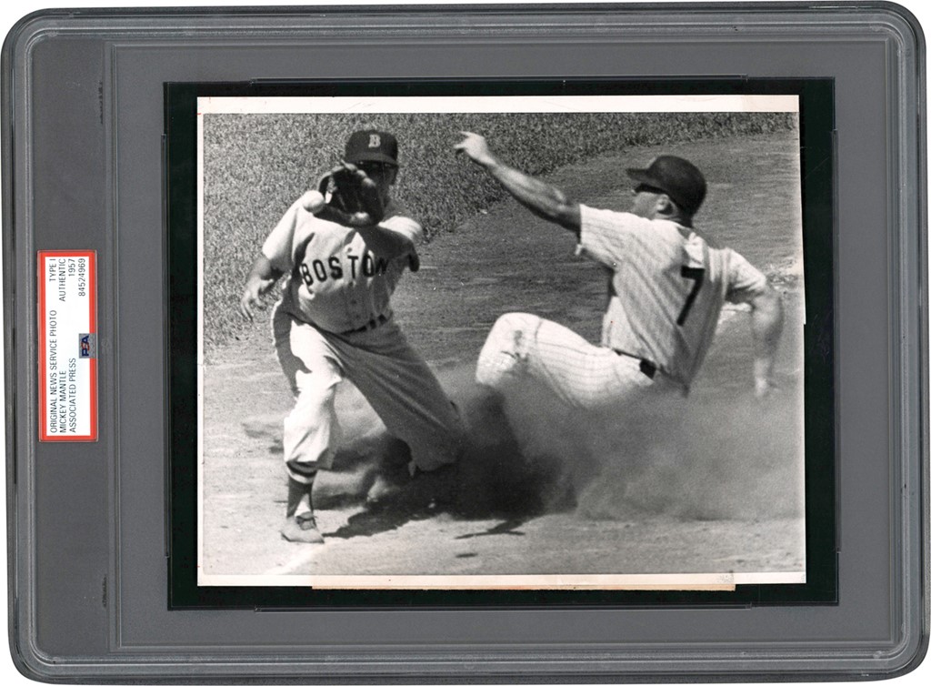 Vintage Sports Photographs - 1957 Mickey Mantle In Action PSA Type I Photograph