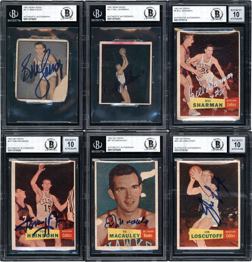 - Signed 1951-1957 Boston Celtic Beckett Graded Celtic Collection (6) w/Bob Cousy Rookie Card
