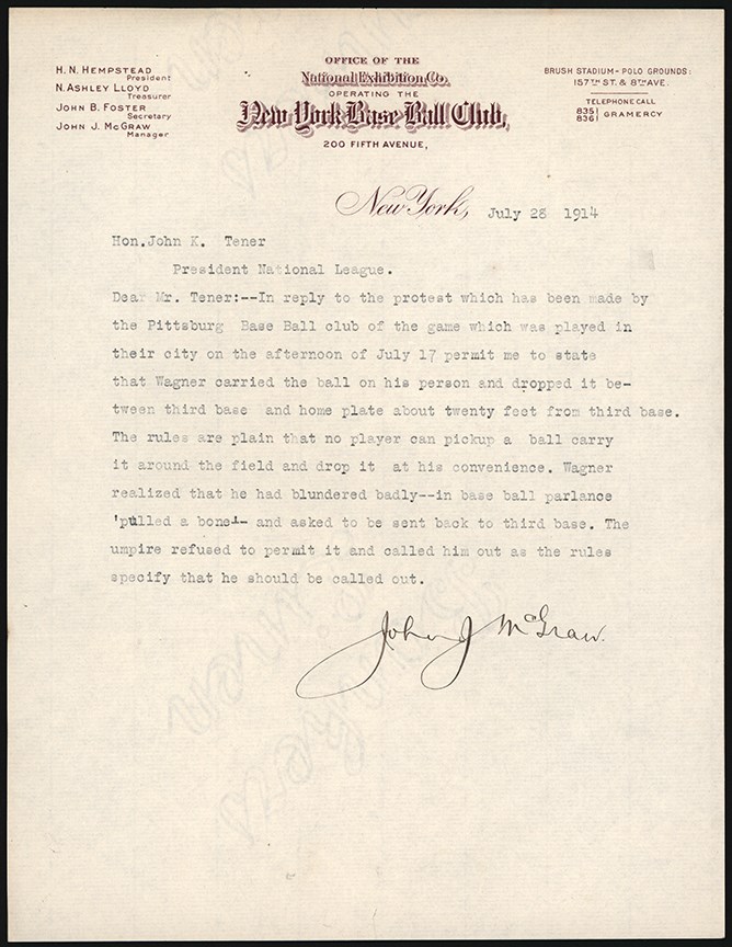 - 1914 New York Giants Protest Letter (Secretarial McGraw Signature) w/Honus Wagner Content