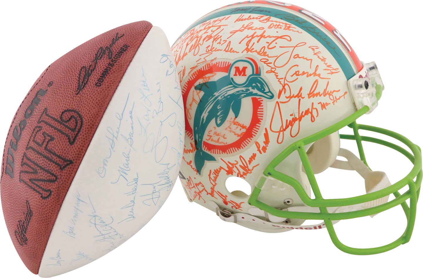 - 1972 Miami Dolphins Team-Signed Football and Limited Edition Hand Painted Team-Signed Helmet