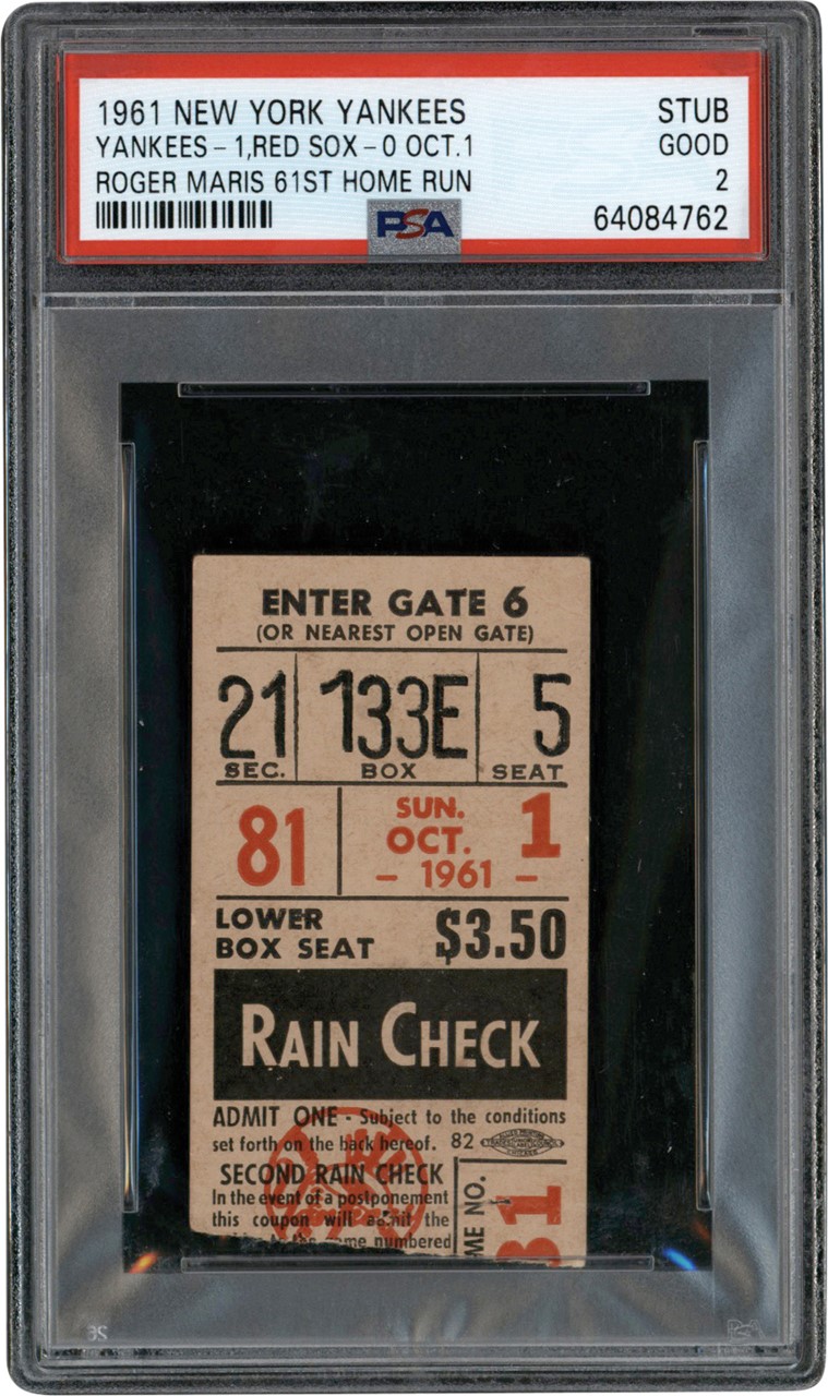 Mantle and Maris - 1961 Roger Maris Record Breaking 61st Home Run Ticket Stub PSA GD 2
