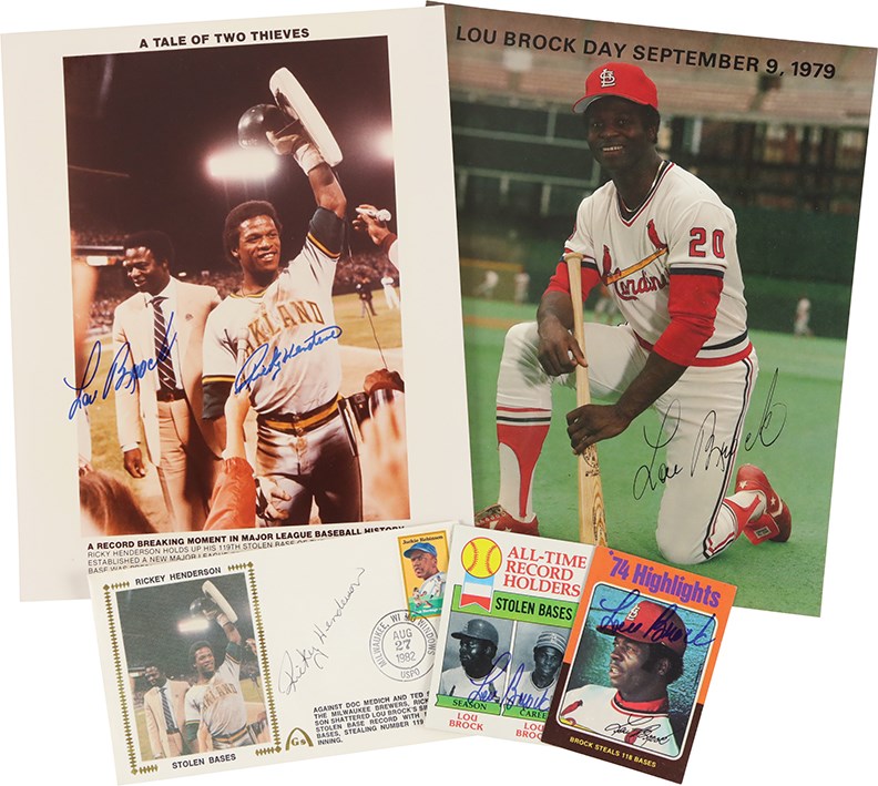 Baseball Autographs - Lou Brock and Rickey Henderson Signed Items (5)
