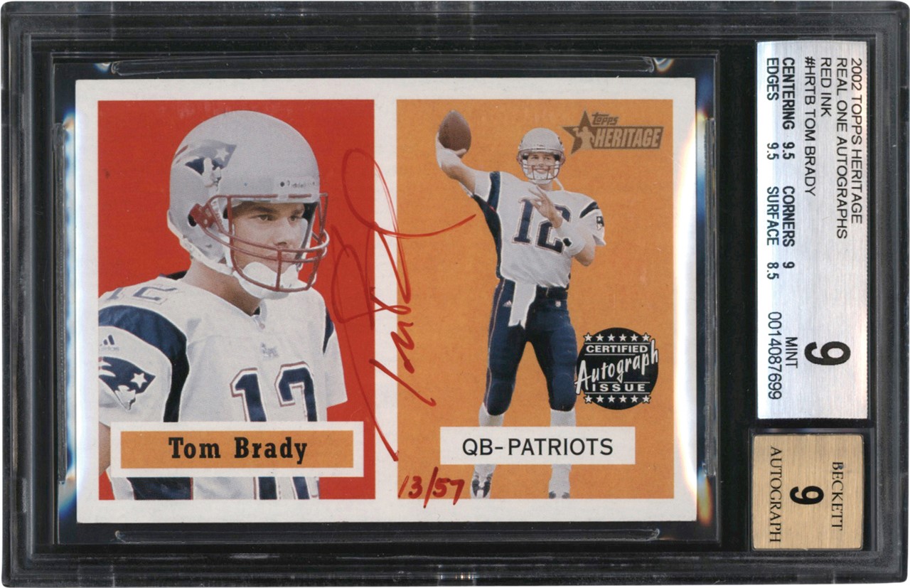 - 002 Topps Heritage Real One Autographs Red Ink #HRTB Tom Brady Card #13/57 BGS MINT 9 - Auto 9