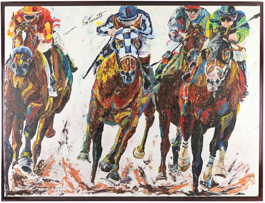 - "Secretariat" Original Artwork by Debbie Sampson Signed by Chenery, Turcotte, and Davis