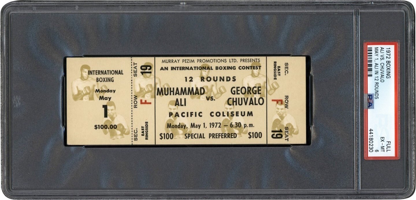 #1 Muhammad Ali PSA Ticket Collection - 1972 Muhammad Ali vs. George Chuvalo Full Ticket PSA EX-MT 6 (Pop 1 of 1 Highest Graded)