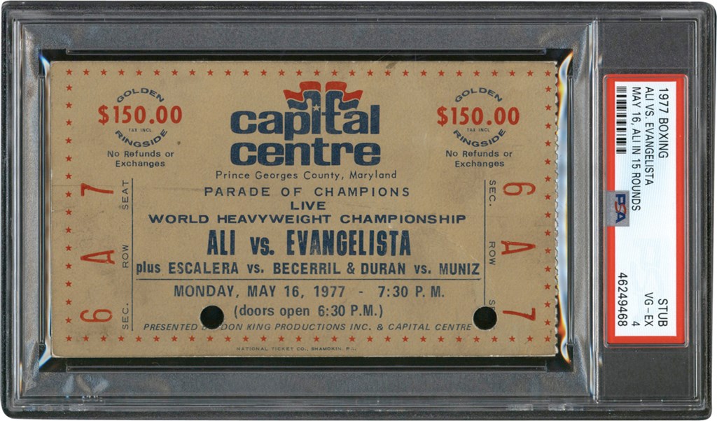 #1 Muhammad Ali PSA Ticket Collection - 1977 Muhammad Ali vs. Alfredo Evangelista Ticket Stub PSA VG-EX 4 (Pop 1 of 1 Highest Graded)