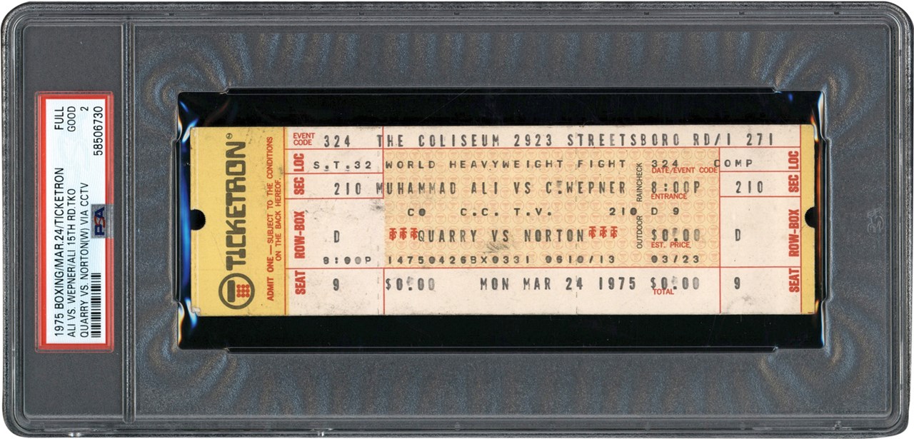 #1 Muhammad Ali PSA Ticket Collection - 1975 Muhammad Ali vs. Chuck Wepner Ticketron Full Ticket - The Only PSA Graded Example! PSA GD 2