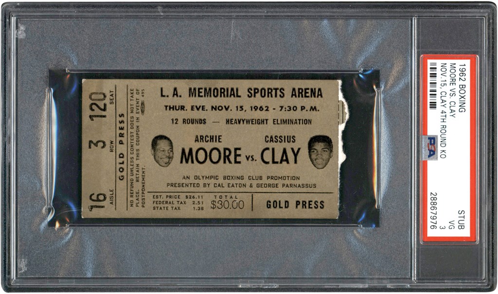 - 1962 Cassius Clay vs. Archie Moore Ticket Stub PSA VG 3 (Pop 2 - None Higher)
