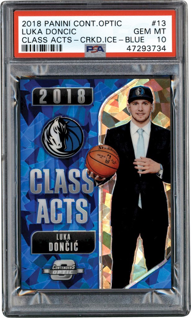 Modern Sports Cards - 018-2019 Panini Contenders Optic Basketball Class Acts Cracked Ice Blue #13 Luka Doncic Rookie Card PSA GEM MINT 10