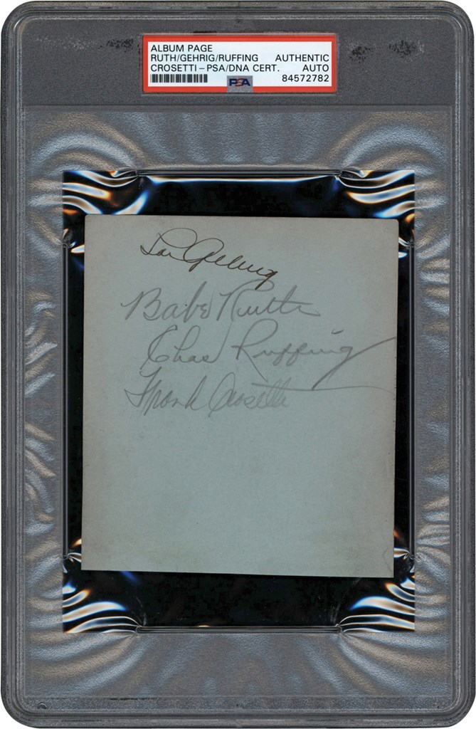 be Ruth, Lou Gehrig, Red Ruffing, and Frank Crosetti Signed Album Page (PSA)