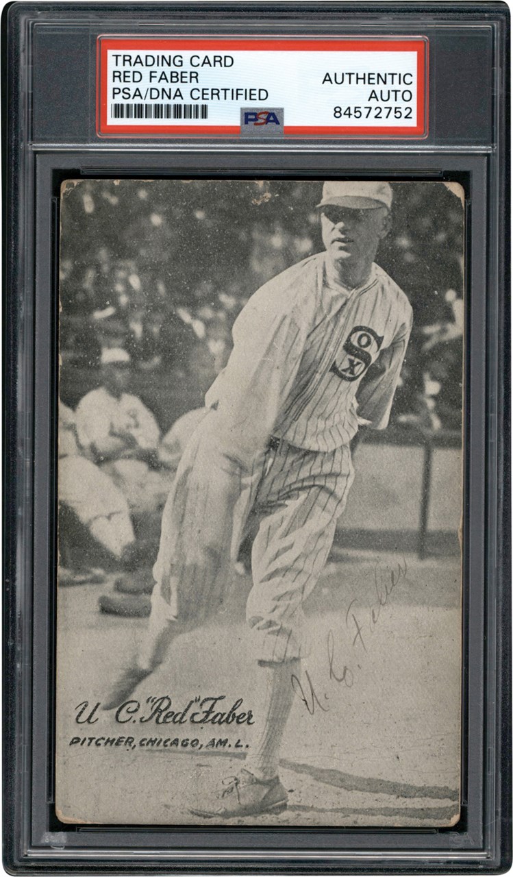 Baseball Autographs - 1921 Exhibits Red Faber Signed Card (PSA)