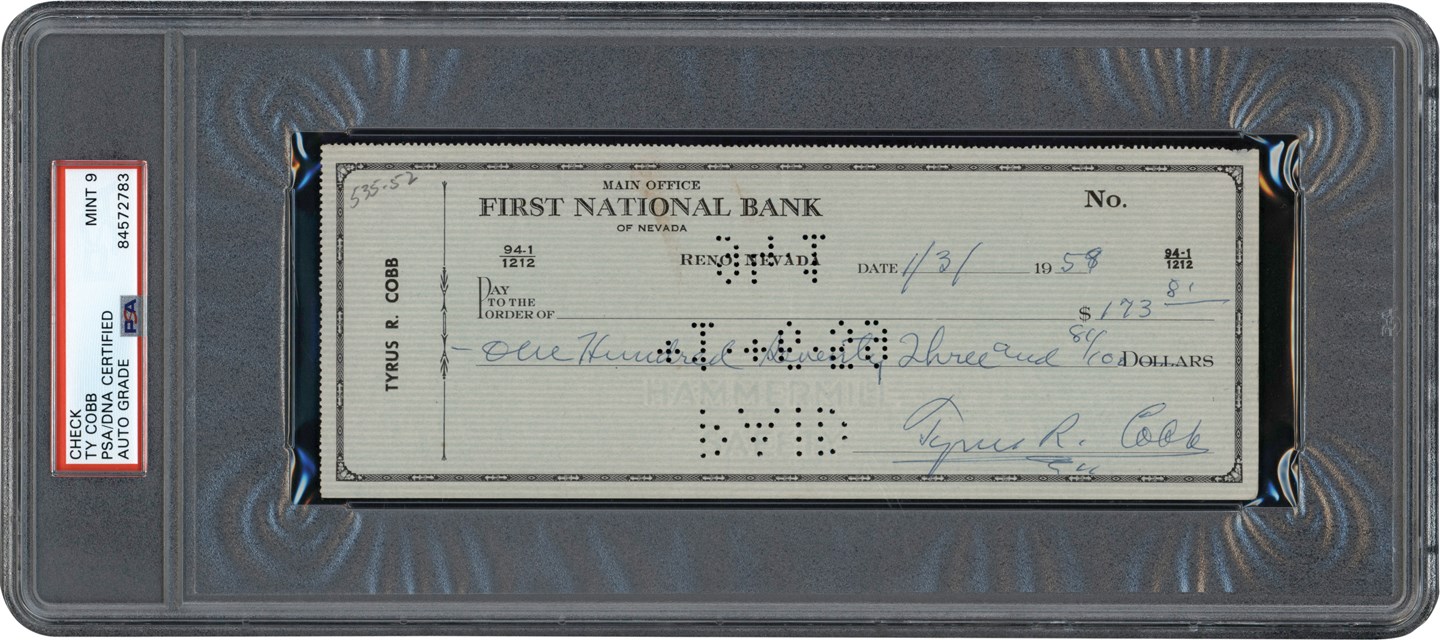 - 1958 Ty Cobb Signed Check PSA MINT 9