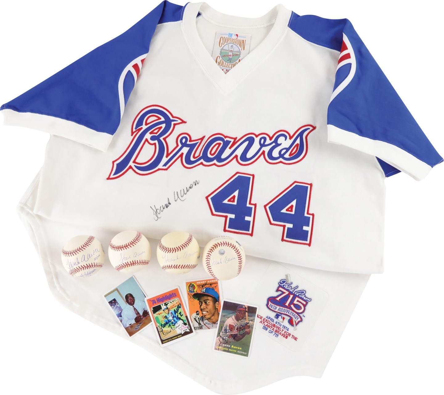 - Hank Aaron Signed Throwback Jersey, Baseball, & Card Collection (8)
