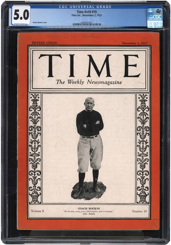 - Time #v10 #19 November 7, 1927 Cover Coach Rockne Graded CGC 5.0