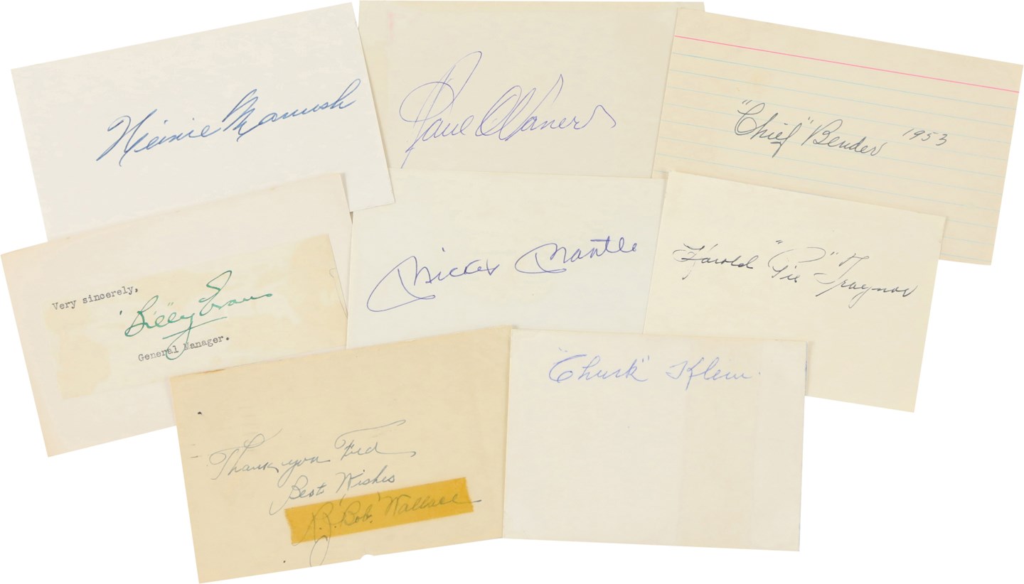 - Vintage Hall of Fame Signed Index-Card Collection (52) w/Bender, Evans, Wallace, Mantle, and P. Waner