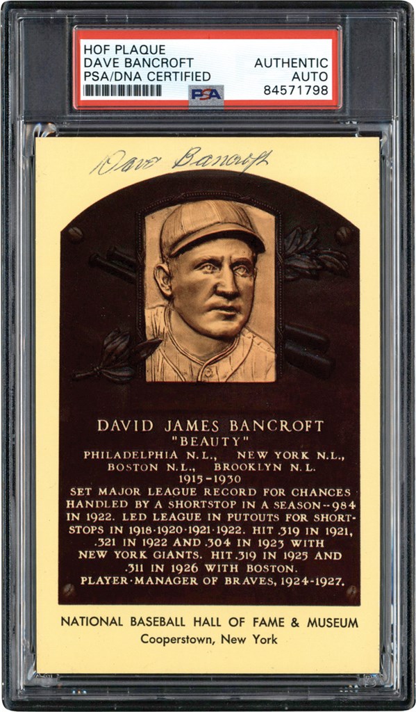 Baseball Autographs - Rare Dave Bancroft Signed Yellow Hall of Fame Postcard (PSA)