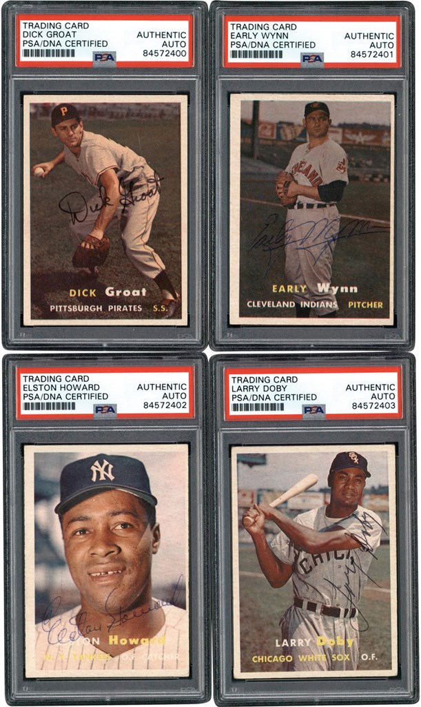 957 Topps Baseball Signed Card Collection (16) w/Doby, Howard, Wynn, and Groat - All PSA Encapsulated