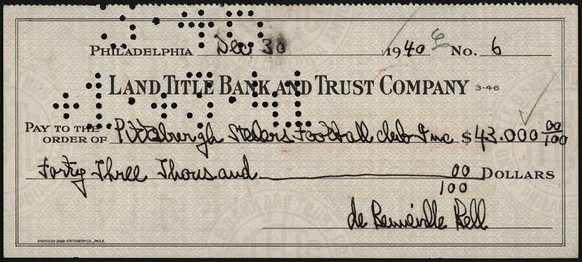 - Historically Significant 1940 de Bennevile "Bert" Bell Signed Check for the Sale of the Pittsburgh Steelers