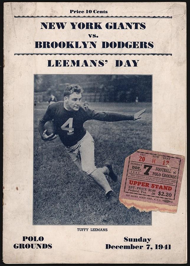 - December 7, 1941 New York Giants vs. Brooklyn Dodgers Football "Pearl Harbor" Program and Ticket Stub