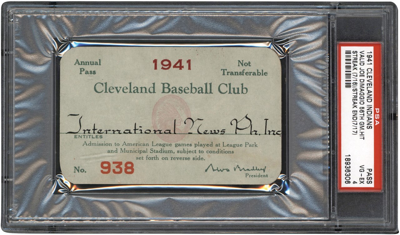 - 1941 Cleveland Indians Season Pass - Valid For DiMaggio's 56th Game Hitting Streak - PSA VG 4 (Highest Graded)