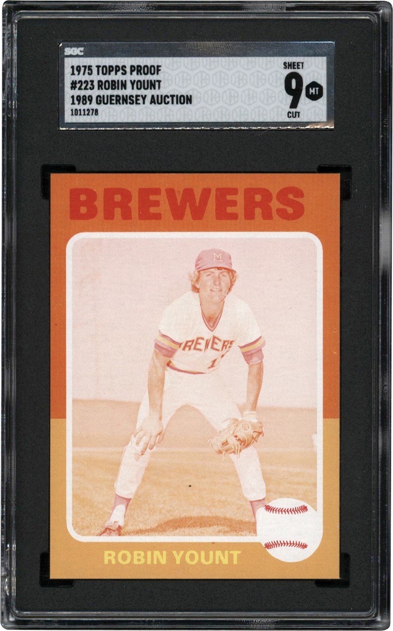 - 1975 Topps Baseball Yellow & Magenta Proof #223 Robin Yount Rookie Card "1/1" SGC MINT 9 (ex-1989 Guernsey Auction)