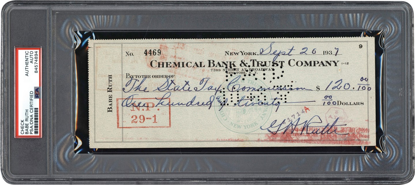 - Gorgeous 1937 Babe Ruth Signed "Tax" Check (PSA)