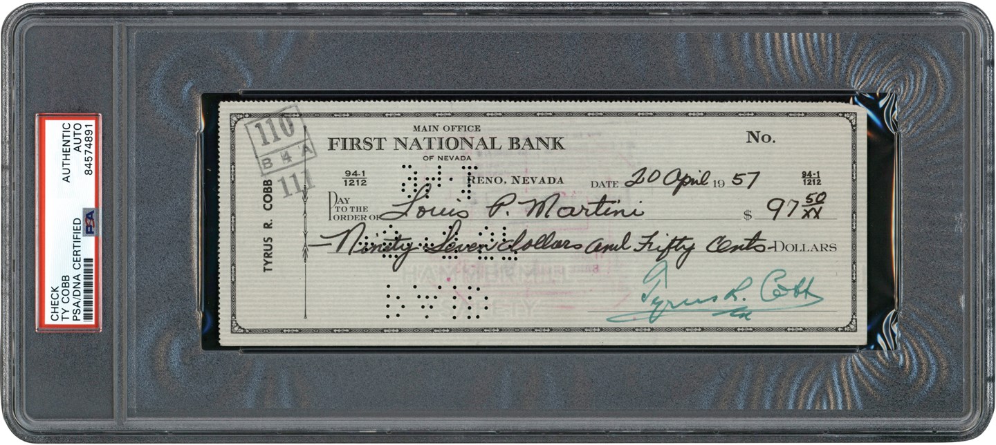 Baseball Autographs - 1957 Ty Cobb Signed Check (PSA)