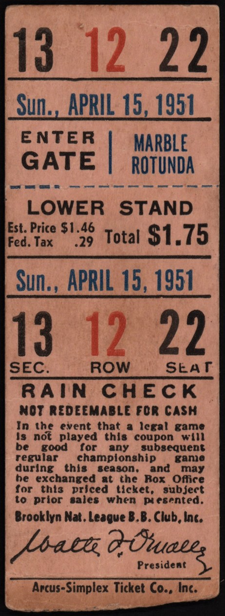 - April 15, 1951 Mickey Mantle Home Run Ticket from Two Days Before MLB Debut