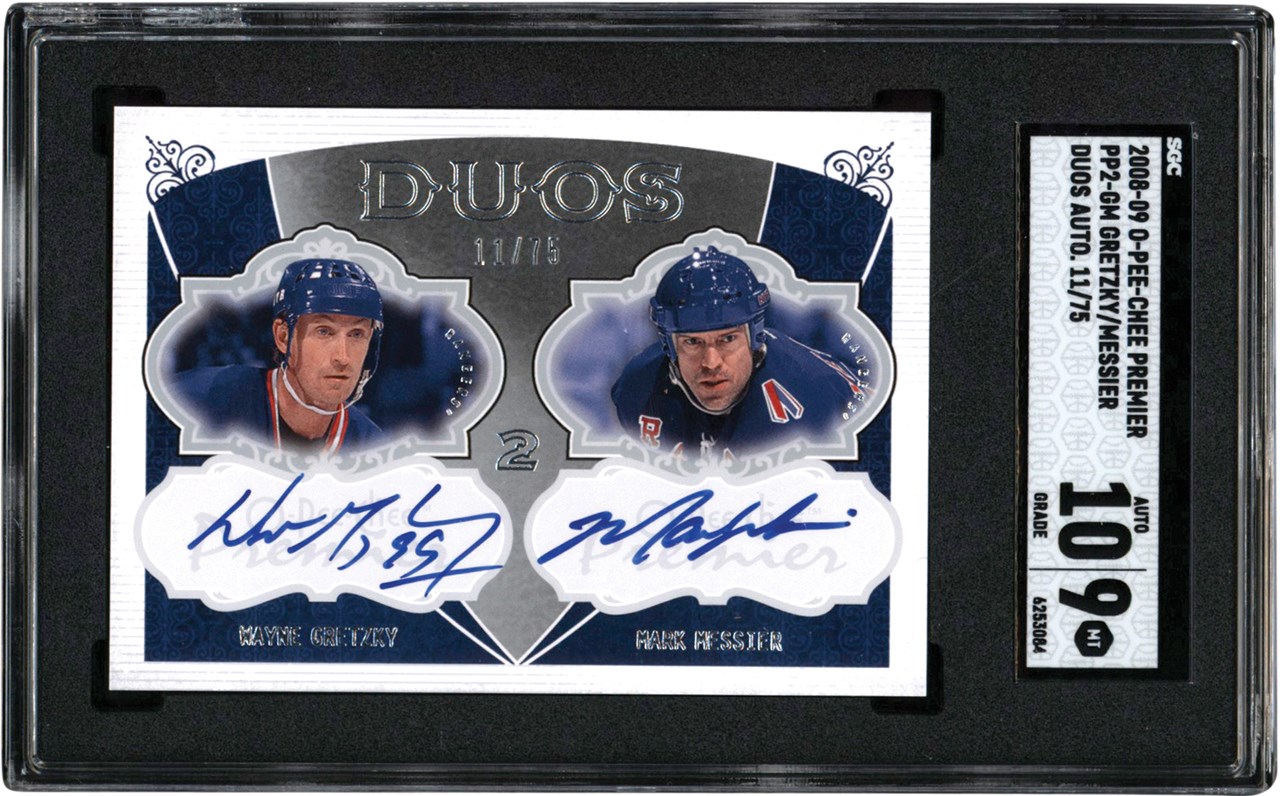 - 2008-2009 O-Pee-Chee Premier Hockey Duos #PP2-GM Wayne Gretzky & Mark Messier Dual Autograph - Messier Jersey # 11/75 SGC MINT 9 - Auto 10