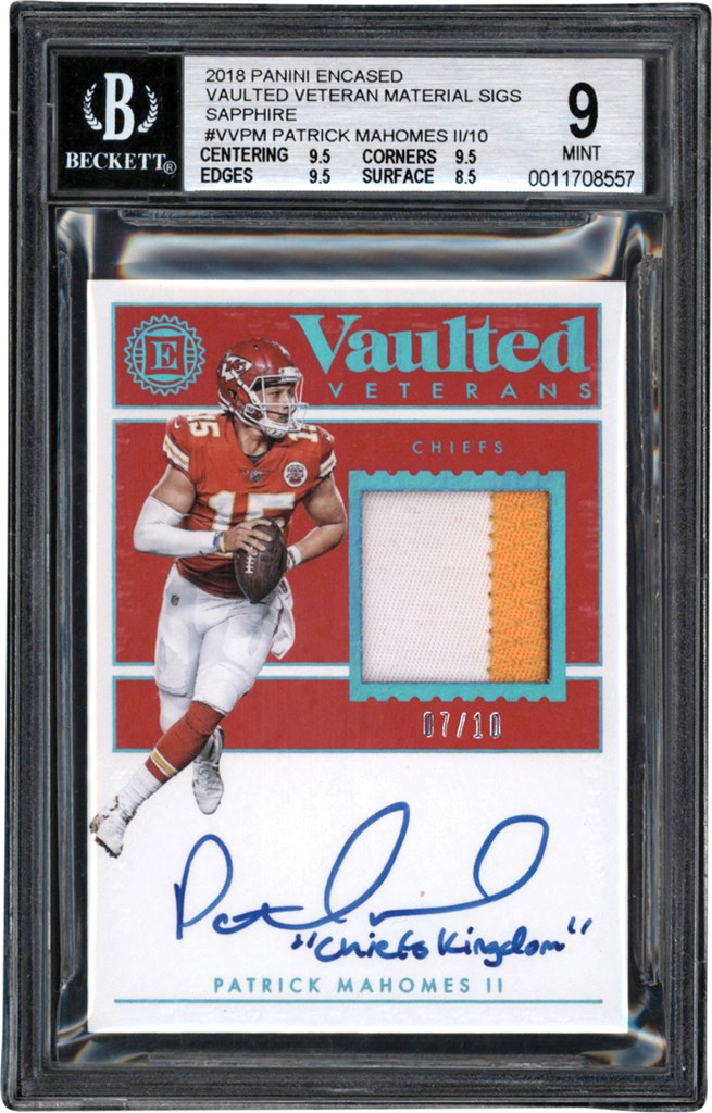 Modern Sports Cards - 2018 Panini Encased Football Vaulted Veterans Sapphire #VVPM Patrick Mahomes Autograph Patch Card #7/10 BGS MINT 9 - Auto 10