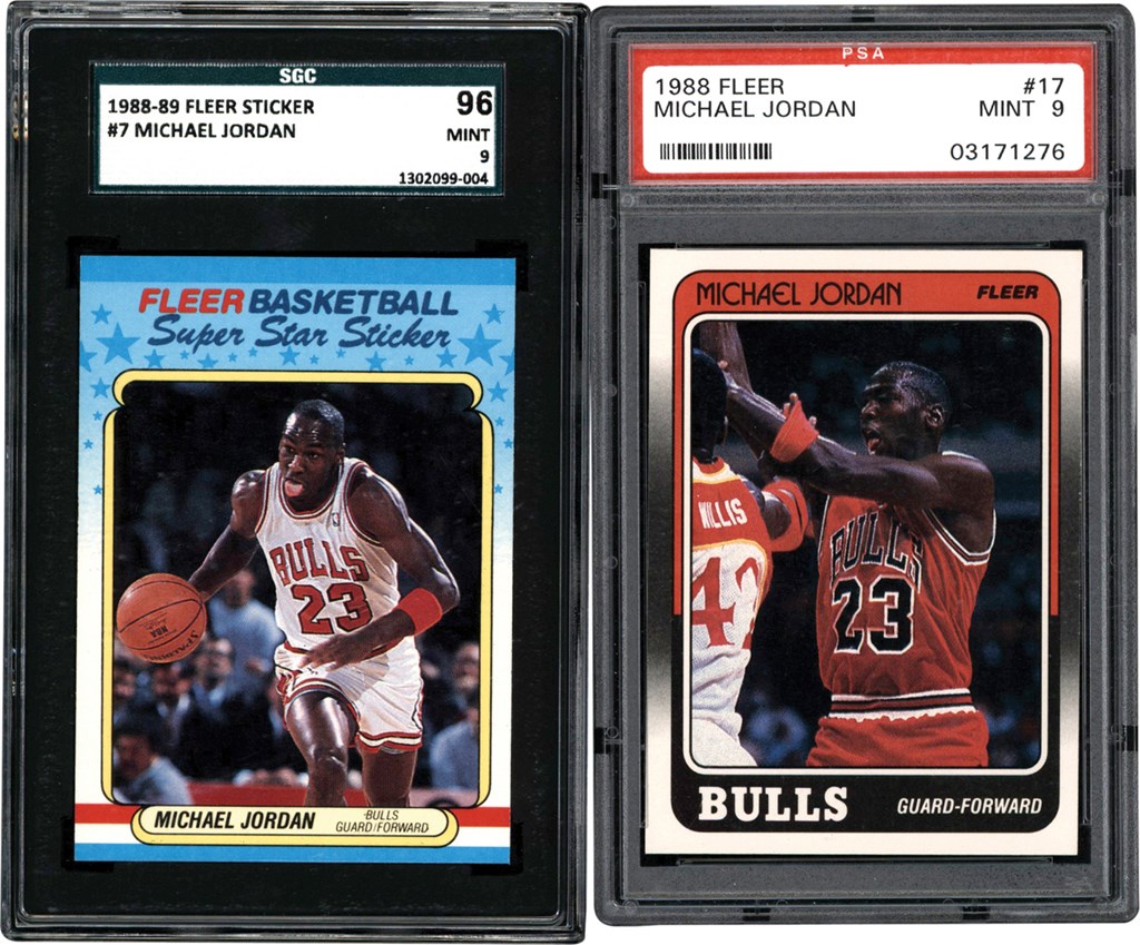 - 988-1989 Fleer Basketball Michael Jordan Card & Sticker Duo PSA & SGC MINT 9