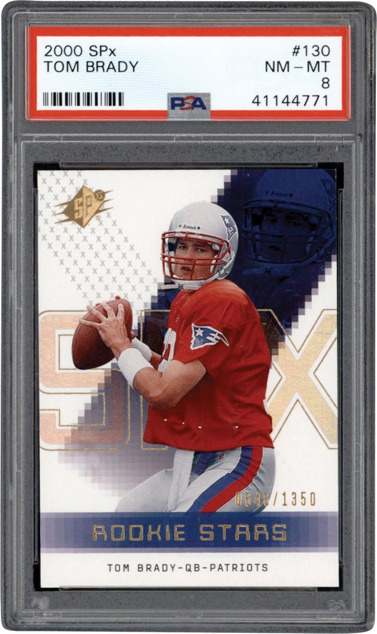 Modern Sports Cards - 2000 SPx Football #130 Tom Brady Rookie Card #646/1350 PSA NM-MT 8