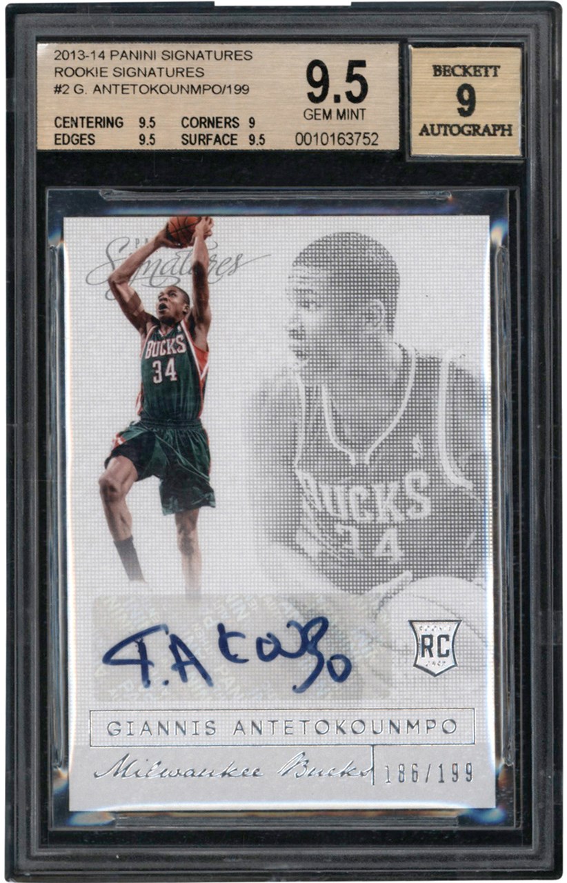 Modern Sports Cards - 013-2014 Panini Signatures Basketball Rookie Signatures #2 Giannis Antetokounmpo Autograph Card #186/199 BGS GEM MINT 9.5 - Auto 9