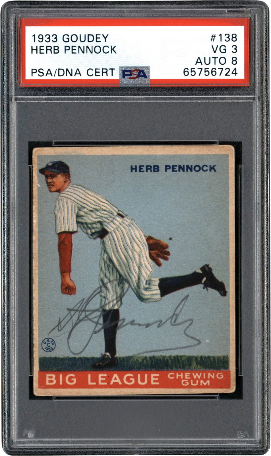 - Signed 1933  Goudey #138 Herb Pennock PSA VG 3 Auto 8 (Pop 1 of 1 - One Higher)