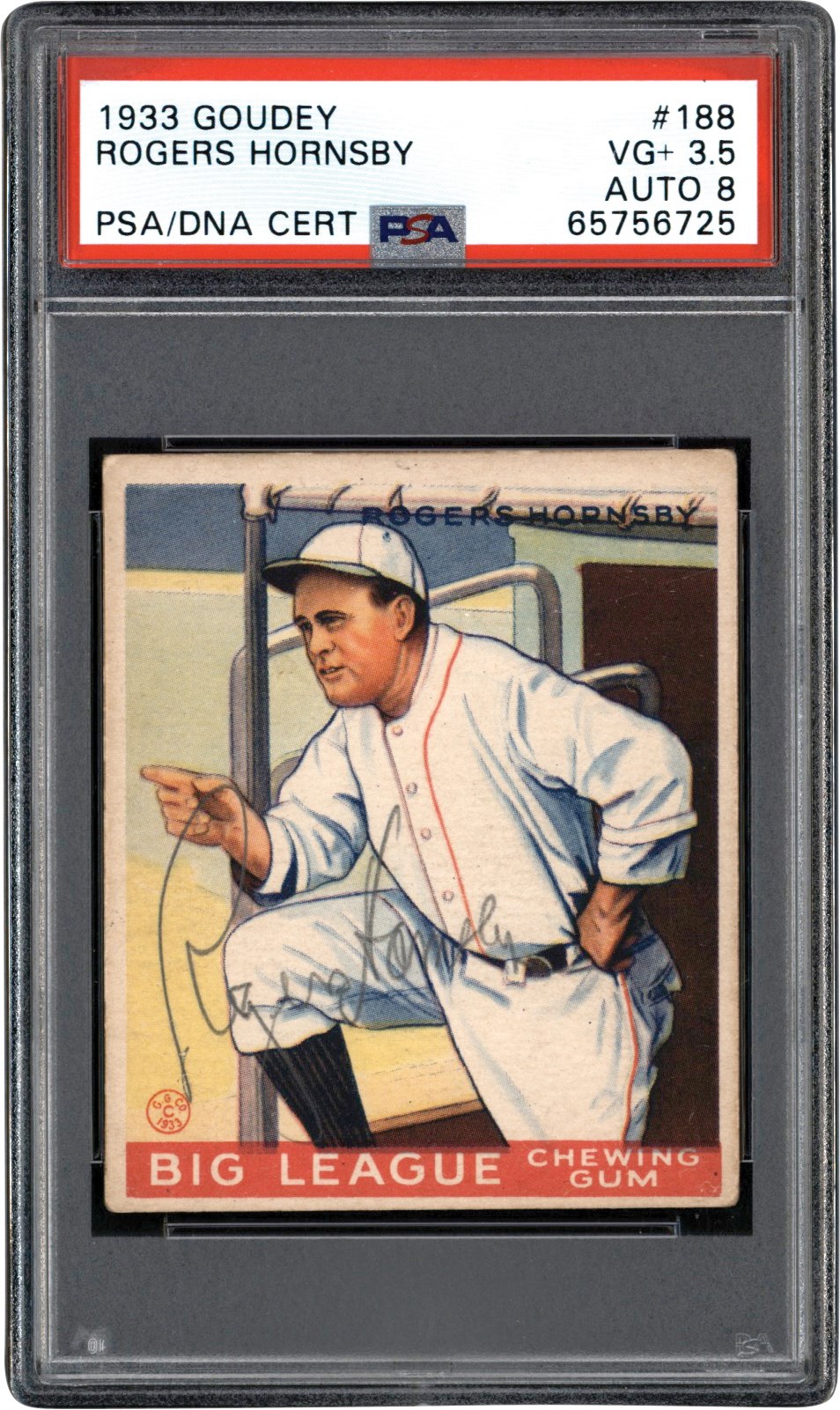 - Signed 1933 R319 Goudey #188 Rogers Hornsby PSA VG+ 3.5 Auto 8 (Pop 1 of 1 - One Higher)