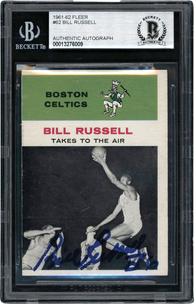 Basketball Cards - Signed 1961-62 Fleer Basketball #62 Bill Russell (In Action) Beckett
