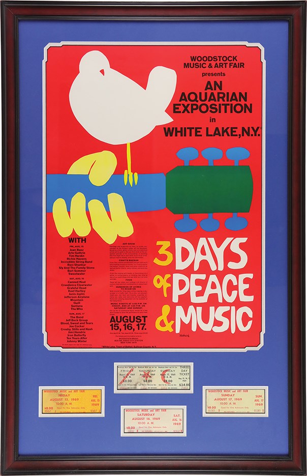 - 1969 Woodstock Original Poster and Ticket Quartet in Framed Display