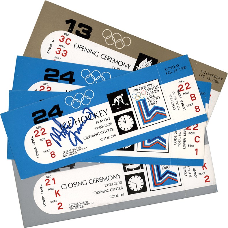- 1980 Miracle On Ice Ticket Collection w/One Gold Medal Ticket Signed By Mike Eruzione (5)